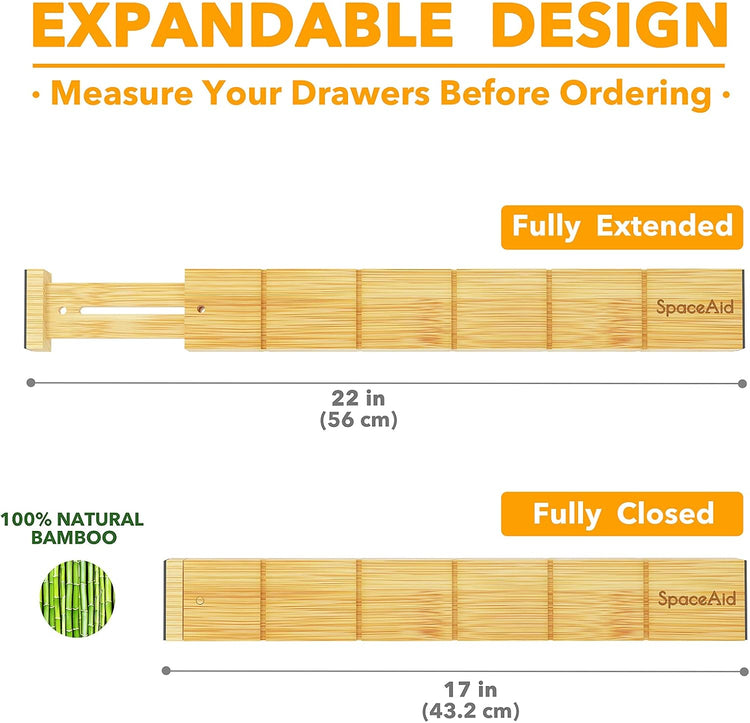SpaceAid Bamboo Drawer Dividers with Inserts and Labels, Kitchen Adjustable Drawer Organizers, Expandable Organization for Home, Office, Dressers and Bathroom, 8 Dividers with 18 Inserts (17-22 in)