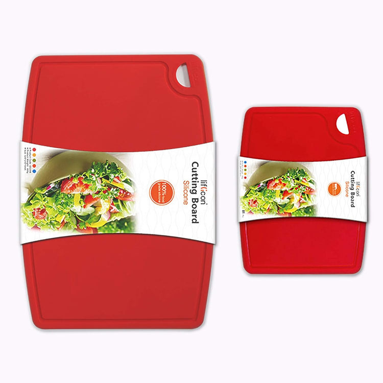 Thick Silicone Cutting Boards for Kitchen Silicone Chopping Boards/Mats Set of 2 Extra Large14.6''x10.43'', Mini 9.1”x7.1” Non-slip Deep Drip Juice Groove, Dishwasher Safe-Red