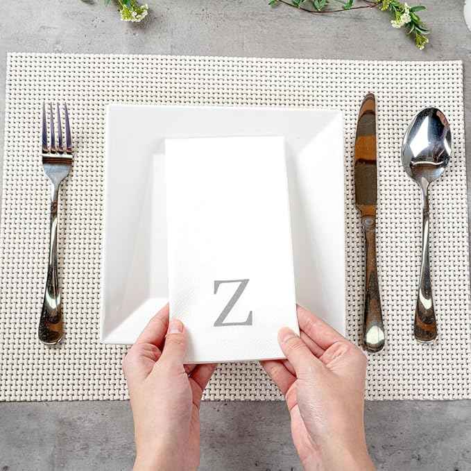 Luxenap 15.8 X 7.9 Inch Linen-Feel Guest Towels, 2000 Lettered Hand Towels - Silver Letter 'Z', Sans Serif Font, White Paper Dinner Napkins, airlaid, For Restrooms And Tables - Restaurantware