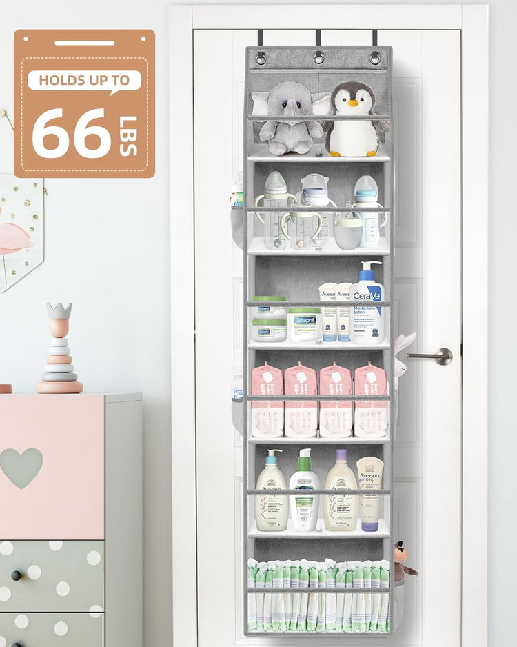 STORAGE MANIAC Over the Door Organizer Large Capacity Hanging Organizer, Clear Deep Pockets Behind Door Closet Organizer and Storage for Nursery, Bathroom, Bedroom, Pantry, 1 Pack Grey