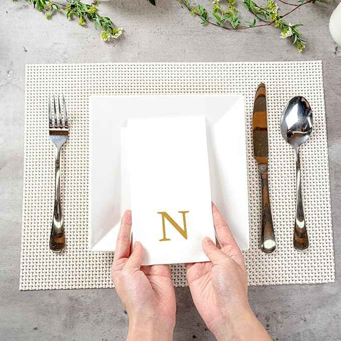 Luxenap 15.8 X 7.9 Inch Linen-Feel Guest Towels, 50 Lettered Hand Towels - Gold Letter 'N', Sans Serif Font, White Paper Dinner Napkins, airlaid, For Restrooms And Tables