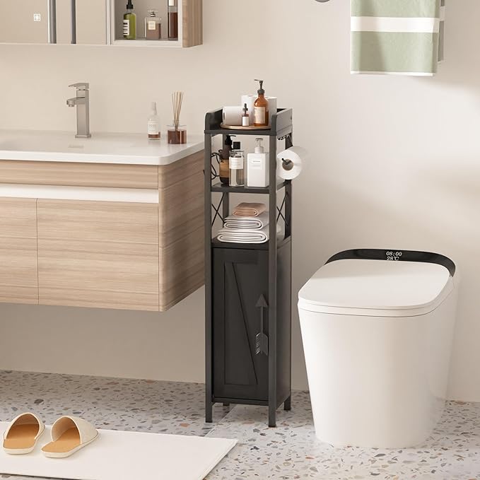 VECELO Small Bathroom Cabinet,Slim Toilet Paper Holder with Door&2 Shelves, Upgraded Narrow Storage Organizer for Restroom Bathroom Tiny Space,Metal Scroll Fenced Top Waterproof Coating,Black