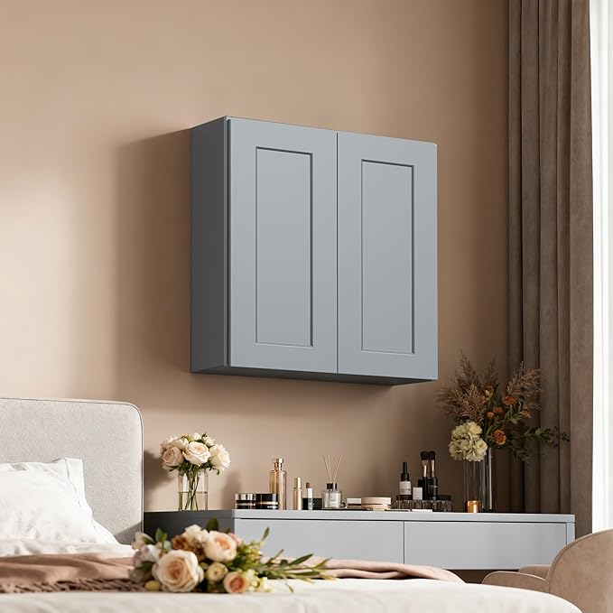 27 Inch Medicine Cabinet Wall Mounted, Solid Wood Over The Toilet Storage Cabinet, Bathroom Organizer Cabinets with 2 Door & Shelves, Easy to Assemble for Laundry Room, Kitchen, Garage - Dark Gray