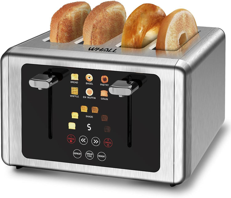 whall 4 Slice Touch Screen Toaster, Stainless Steel Toasters Digital Timer, Dual Control Panel Toasters,6 Shade Settings&6 Bread Types, Smart Wide Slots, Bagel, Cancel, Defrost,Flat lever Stainless