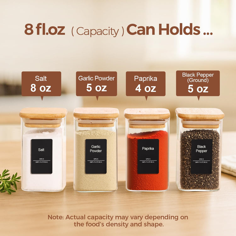 Glass Spice Jars with Labels 8 oz 16 Pack Square Bamboo Lids (16 Count)