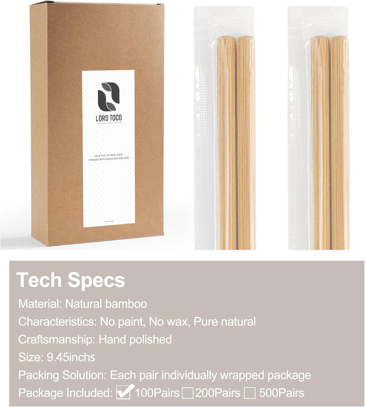 100Pairs Bamboo Chopsticks Disposable | Individually Wrapped | Bulk | Separated | Round | Premium Quality-(9.45in)