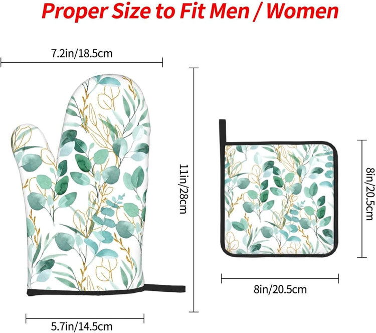 Sage Green Leaves Oven Mitts and Pot Holders Sets Heat Resistant for Kitchen BBQ Microwave Baking Grilling Cooking Set of 3 Cute Botanical Kitchen Oven Glove
