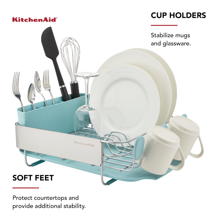 Compact Space Saving Rust Resistant Dish Rack with Removable Flatware Caddy and Angled Self Draining Drainboard