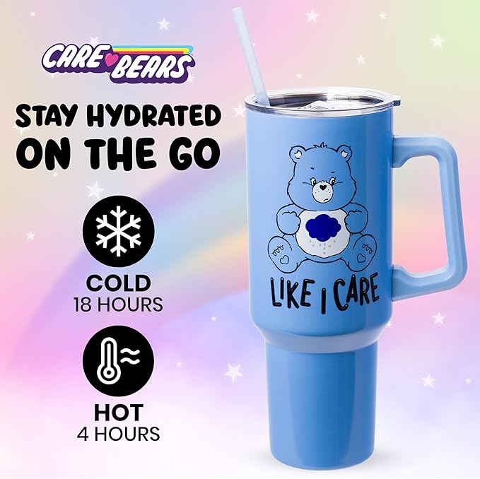 Silver Buffalo Care Bears Grumpy Bear Like I Care Stainless Steel Tumbler with Handle and Straw, Fits in Standard Cup Holder, 40 Ounces (Pack of 12)