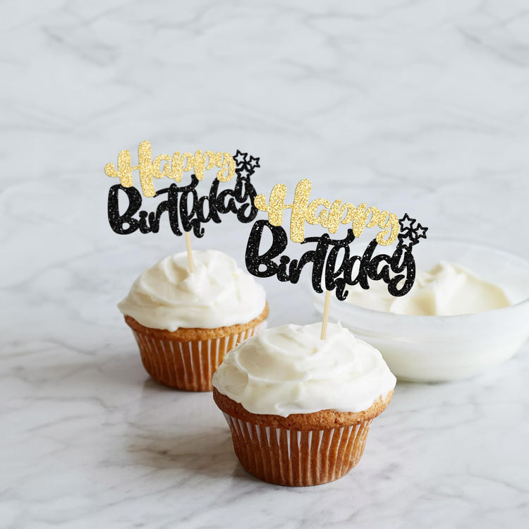 24Pcs Happy Birthday Cupcake Toppers Double Layer Glitter Happy Birthday Cake Decorations for Celebrating Baby Shower Theme Kids Boys Girls Birthday Party Cake Decorations Supplies Black Gold (24 Count)