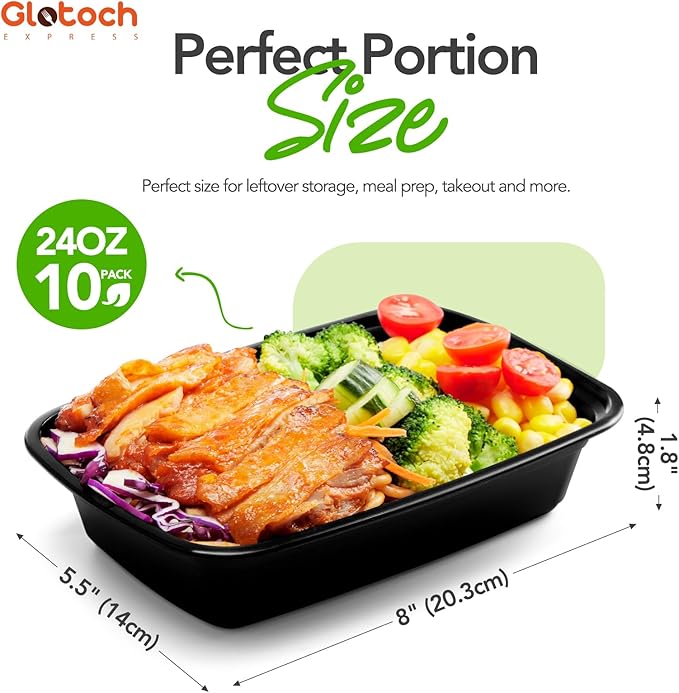 Glotoch 10-Pack Meal Prep Containers with Lids (20-Piece Set), 24 oz Reusable Food Storage Containers, Heavy-Duty Leakproof Bento Boxes, BPA-Free, Microwave/Freezer/Dishwasher Safe, Black