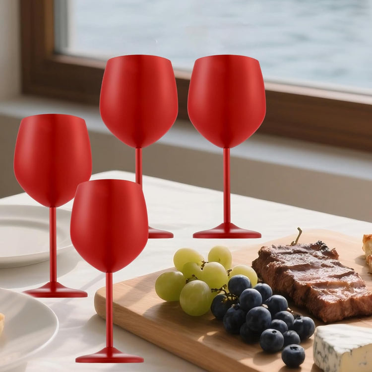Stainless Steel Wine Glasses Set of 4 Unbreakable Wine Glass 18 oz Unique Metal Wine Goblets for Outdoor, Travel, Camping, Pool, Ideal Gift for Wine Lovers (Matte-Red)
