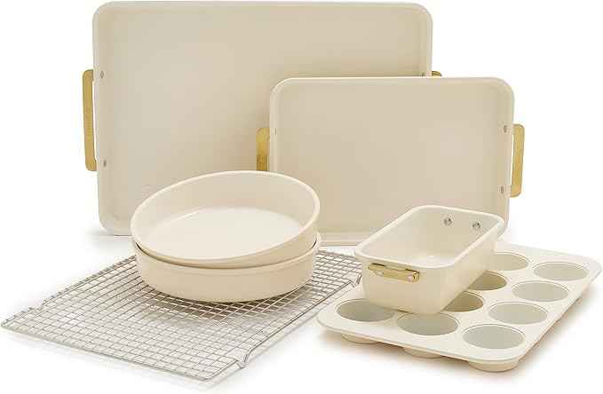 GreenPan Bakeware Set, 7 Piece Nonstick Ceramic Gold Handle Baking Sheets, Cake Pans, Loaf Pan, Muffin Tin, Cooling Rack, PFAS & BPA Free, Freezer to Oven Dish, Bake & Roast Ovenware, Cream