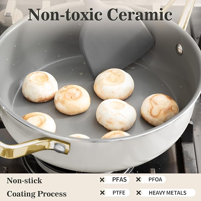 10-Inch Ceramic Non-Stick Cookware Set, 8-in-1 Multifunctional Cookware, Interior & Exterior Ceramic Coating, PFAS/PTFE/PFOA-Free, Compatible with All Stovetops, Oven-Safe up to 450°F