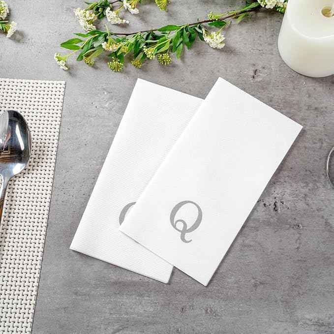 Luxenap 15.8 X 7.9 Inch Linen-Feel Guest Towels, 2000 Lettered Hand Towels - Silver Letter 'Q', Sans Serif Font, White Paper Dinner Napkins, airlaid, For Restrooms And Tables - Restaurantware