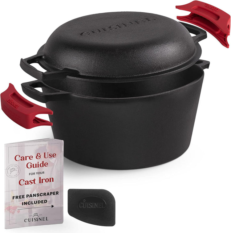 Cuisinel Cast Iron Dutch Oven - 5-Quart Deep Pot - Preseasoned 2-in-1 Multi-Cooker - Combo Lid Doubles as 10"-inch Skillet Frying Pan + Silicone Handle Covers + Scraper - Indoor/Outdoor Bread Cookware - Nestoria