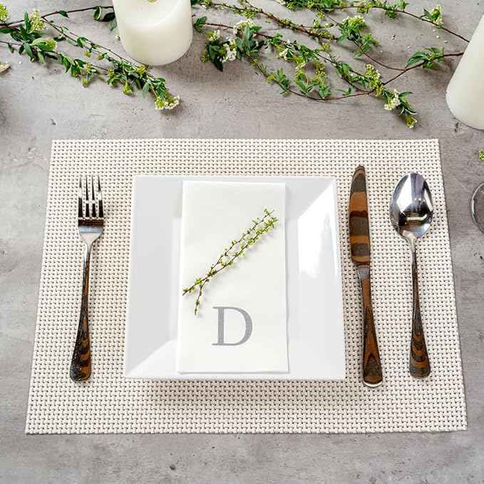 Luxenap 15.8 X 7.9 Inch Linen-Feel Guest Towels, 50 Lettered Hand Towels - Silver Letter 'D', Sans Serif Font, White Paper Dinner Napkins, airlaid, For Restrooms And Tables - Restaurantware