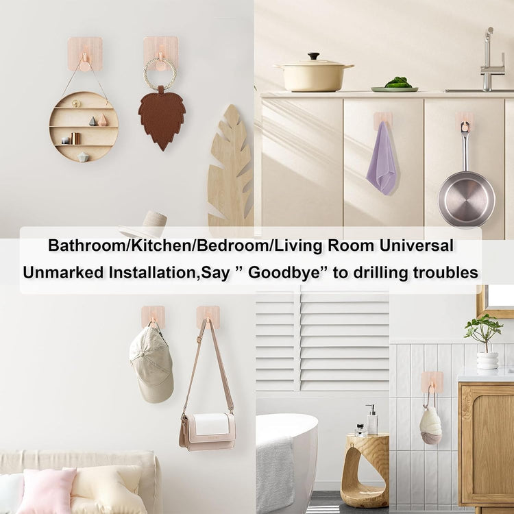 Aluminum Wall Hooks, No Drill Damage-Free Adhesive Hook, Product for Hanging Heavy Duty for Bathroom Kitchen Home (Single Square Rose Gold Hook, 4)