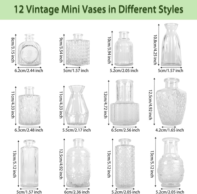 Glass Bud Vase Set of 12 Pcs, Small Clear Bud Vases for Flowers, Vintage Vases for Centerpiece Table Wedding Decorations Home Decor Glass Bottles for Birthday Party Anniversary