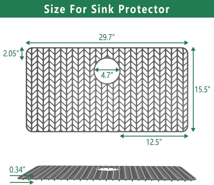 GUUKIN Sink Protectors for Kitchen Mat -30"x 16" Silicone Kitchen Sink Mat Grid for Bottom of Farmhouse Stainless Steel Porcelain with Rear Drain(Grey