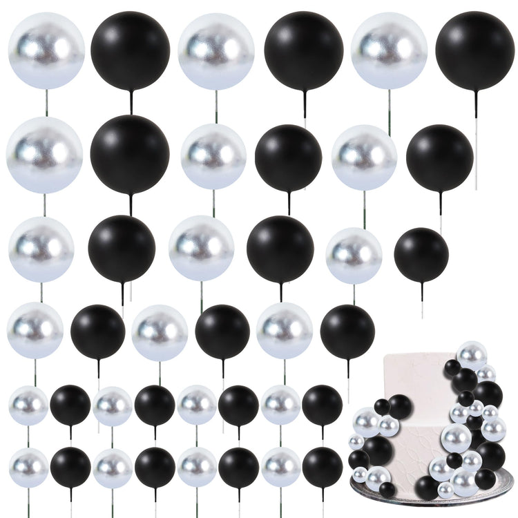 40 Pcs Ball Cake Toppers Mini Balls Cake Decorations Black Silver Foam Balls Sticks DIY Cake Topper for Congrats Grade 2026 Graduation Men Birthday New Year Retirement Decorations (40 Count)
