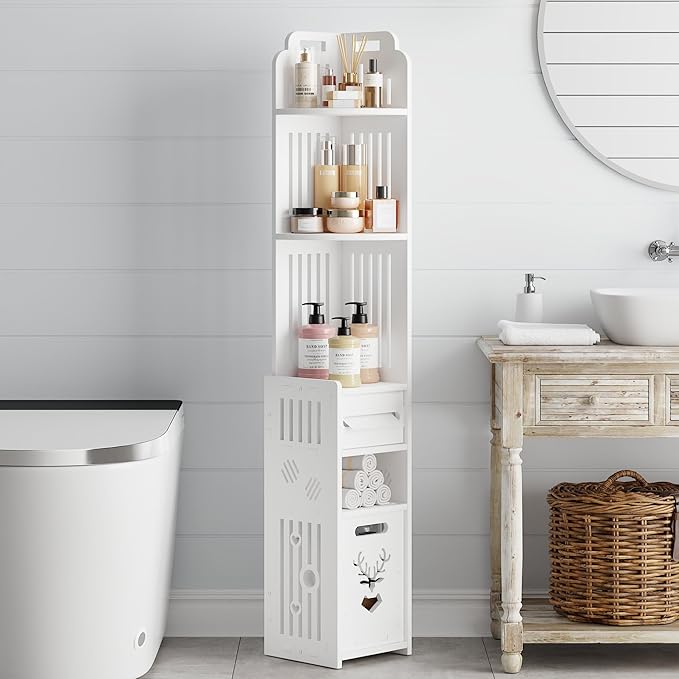 VECELO Storage Cabinet for Small Spaces,Skinny Toilet Paper Holder Stand with 3 Shelves,No Drills, (White, 3Shelf+1Drawer)