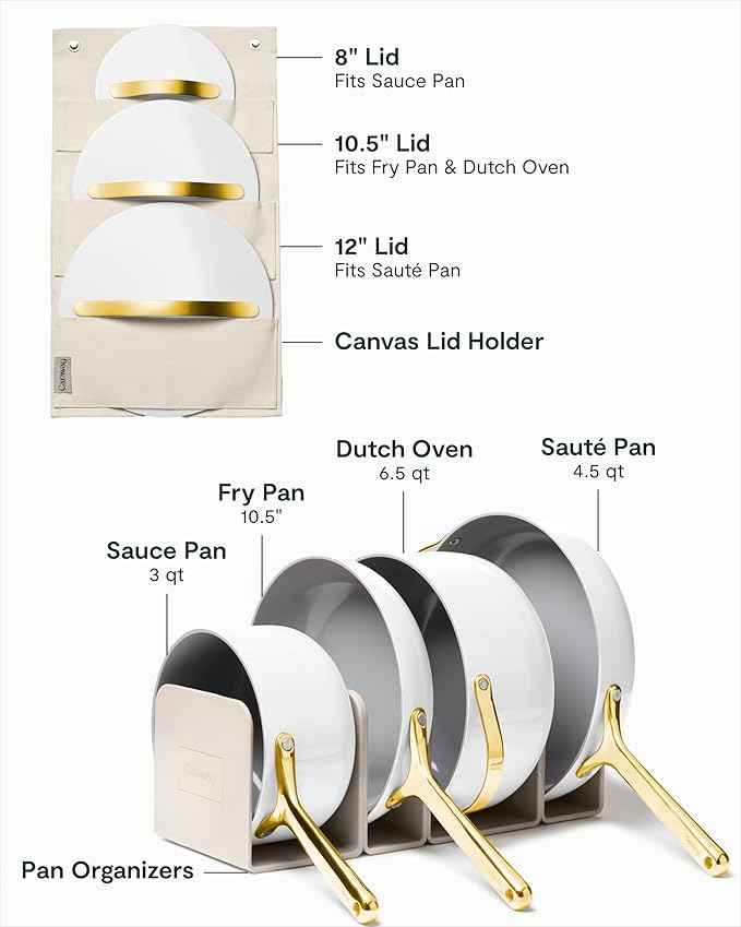 Caraway Nonstick Ceramic Cookware Set (12 Piece) Pots, Pans, Lids and Kitchen Storage - Non Toxic - Oven Safe & Compatible with All Stovetops - White