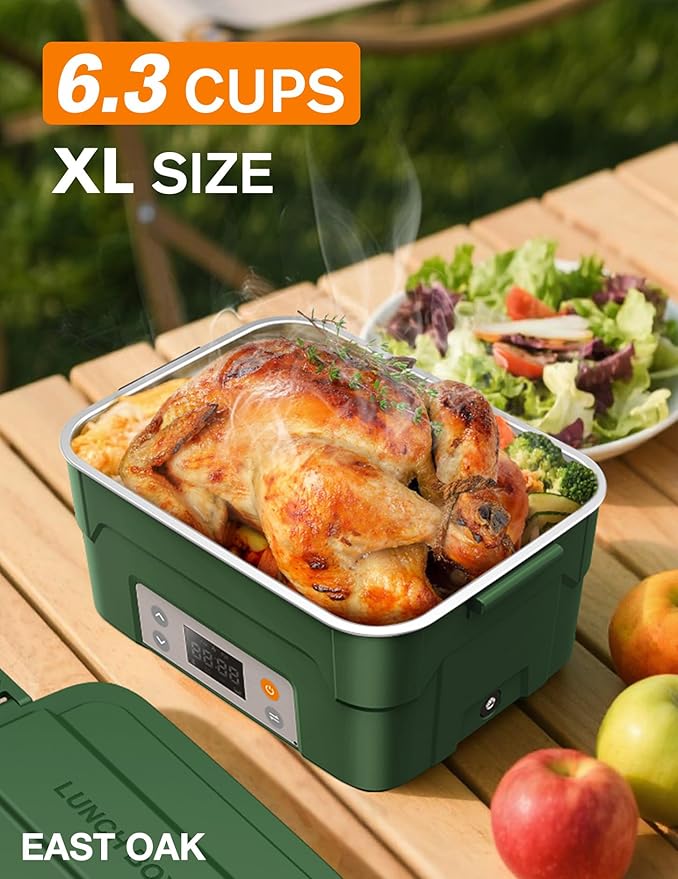EAST OAK XL 6.3-Cup Cordless Electric Lunch Box for Adults, Heated Lunch Box for Men with Scheduled Heating, Portable Car Food Warmer with Utensils, Two-Tier Bag, Removable Divider