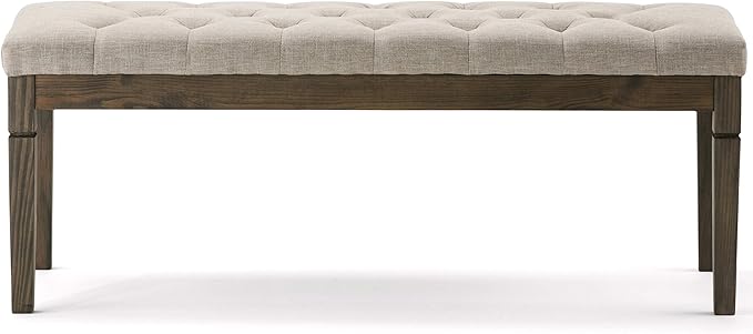SIMPLIHOME Waverly Tufted Ottoman Bench - 48 inch Wide Upholstered Linen Look Fabric Rectangle Footstool Ottoman in Natural, Traditional Bench for Bedroom, Entryway or Living Room with Carved Legs