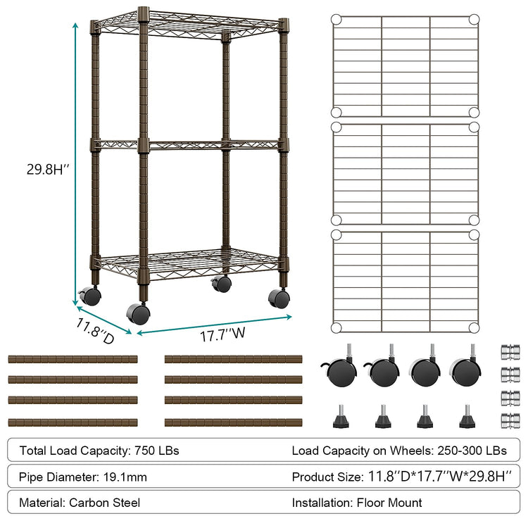 3 Tier Shelf Metal Storage Shelves Wire Rack Closet Organizers with Wheel for Garage Kitchen Bathroom Laundry Brown 11.8" D x 17.7" W x 29.8" H (3 count)