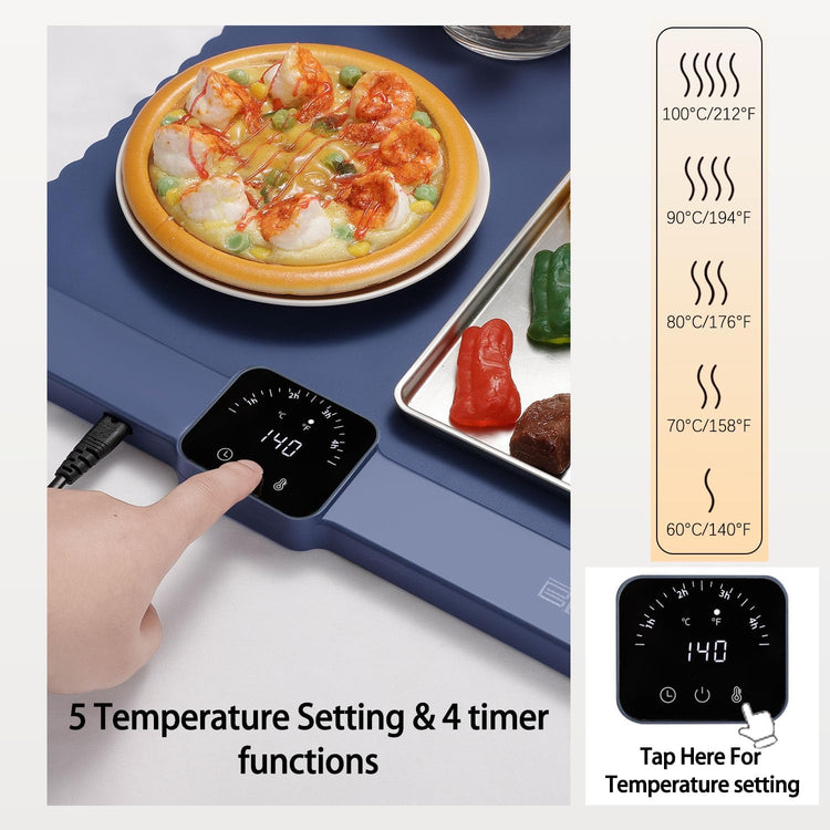 Electric Warming Tray,Food Warming Mat with 5 Temperature Settings,Rollable & Portable Silicone Fast Heating Tray Food Warmer For Parties,Restaurants,Buffet,Sabbat,Home Everyday Use(Blue)