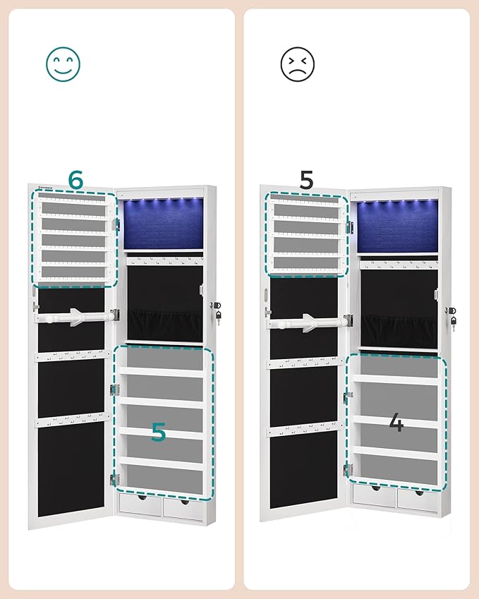 SONGMICS Hanging Jewelry Cabinet, Wall-Mounted Cabinet with LED Interior Lights, Door-Mounted Jewelry Organizer, Full-Length Mirror, Gift Idea, White UJJC99WT