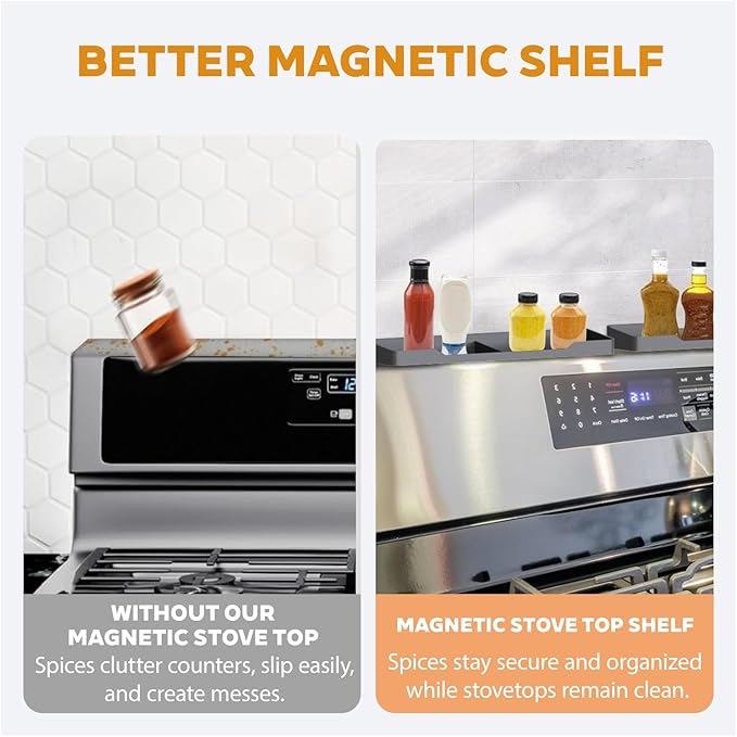 30 Inch Magnetic Silicone Stove Top Shelf, Heat Resistant Spice Rack for Kitchen, Space Saving Organizer with 6 Sticky Pads, Fits Back of Stove(Black 30''x3.8'')
