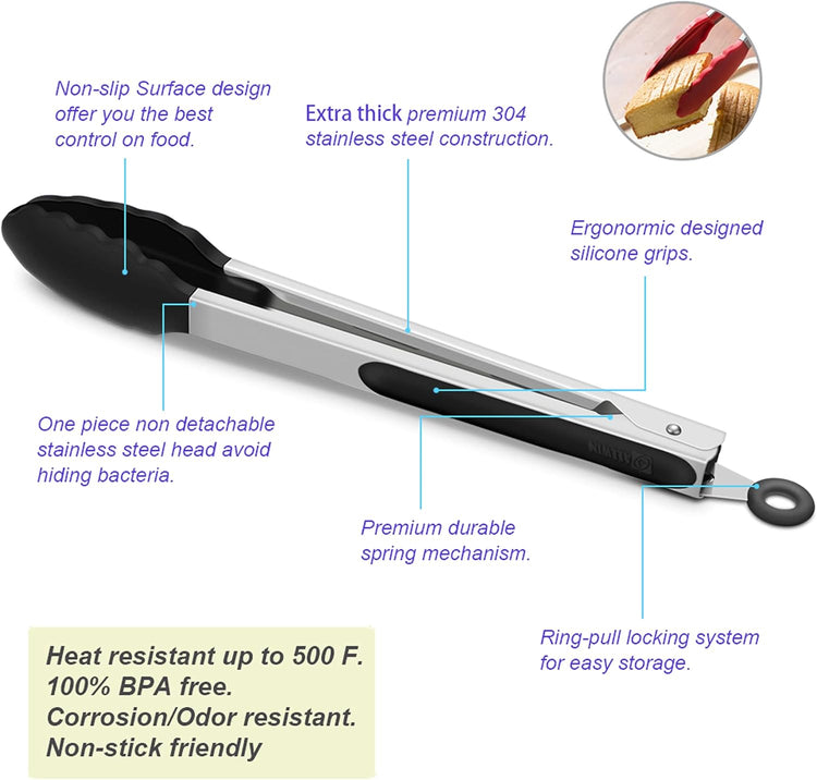 4 Pack Black Kitchen Tongs, Premium Silicone BPA Free Non-Stick Stainless Steel BBQ Cooking Grilling Locking Food Tongs, 9-Inch & 12-Inch