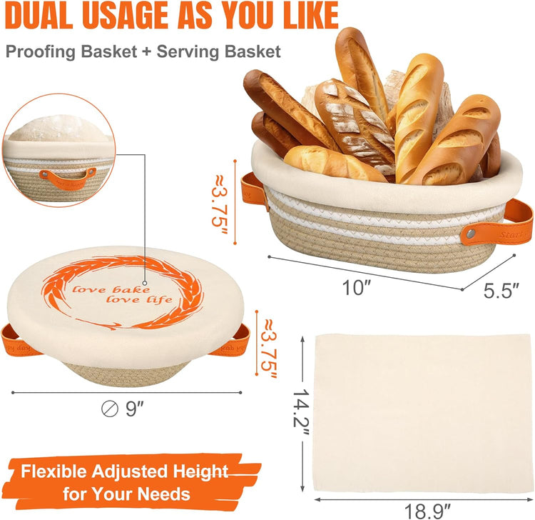 HASHMUST Banneton Bread Proofing Basket Set, 9 Inch Round & 10 Inch Oval Cotton Rope Proofing Bowls with Liners Covers & 14x19 Inch Thick Baguettes Cloth, Sourdough Dough Loaves Baking Supplies Gifts