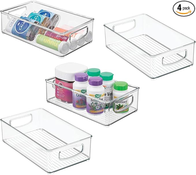 mDesign Plastic Bathroom Storage Container Bins w/ Handles - Closet, Cabinet, Vanity, Cupboard Shelf Organization, Hair Tools Accessory Organizer - Ligne Collection; Clear, 10x6x3 (Pack of 4)