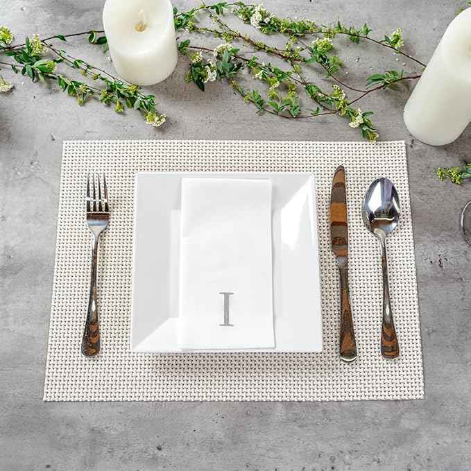 Luxenap 15.8 X 7.9 Inch Linen-Feel Guest Towels, 50 Lettered Hand Towels - Silver Letter 'I', Sans Serif Font, White Paper Dinner Napkins, airlaid, For Restrooms And Tables - Restaurantware