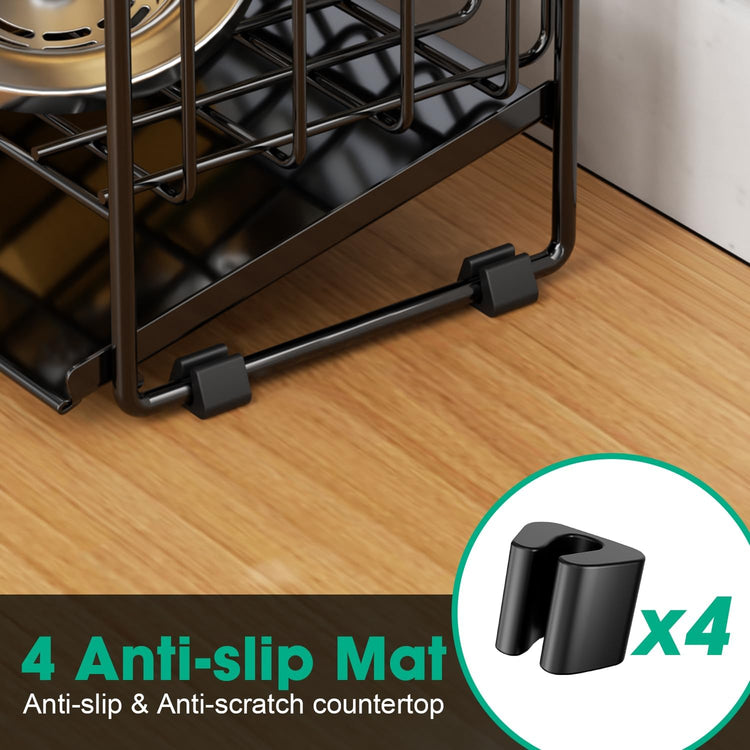Sponge Holder for Kitchen Sink, 2 Tier Sink Caddy Organizer with High Brush Holder, Self-Draining Sponge Holder for Sinks, Soap Dispenser Organizer, Rustproof 304 Stainless Steel, Black