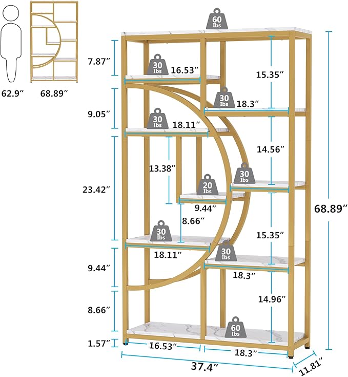 Tribesigns Bookshelf Industrial 5 Tier Etagere Bookcase, Freestanding Tall Bookshelves Display Shelf Storage Organizer with 9-Open Storage Shelf for Living Room, Bedroom, 2 Pack (Gold, 2 Pack)
