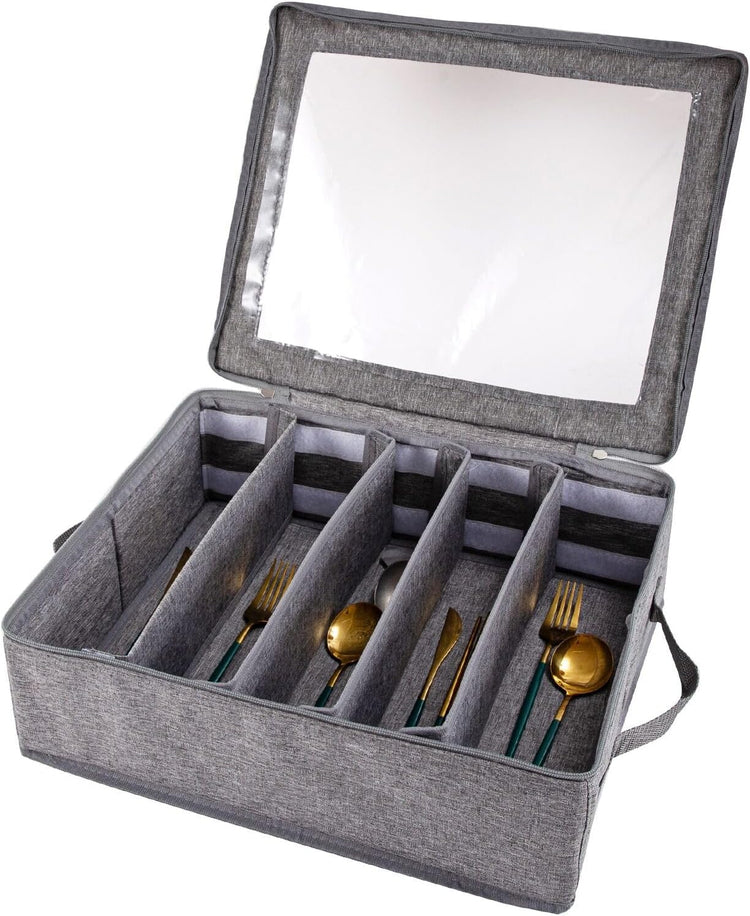 Flatware Utensil Storage Case With Adjustable Dividers,5 Compartments Zipper Flatware Storage Case, Silverware Storages Cases With Handles And Organizes Cutlery Stackable