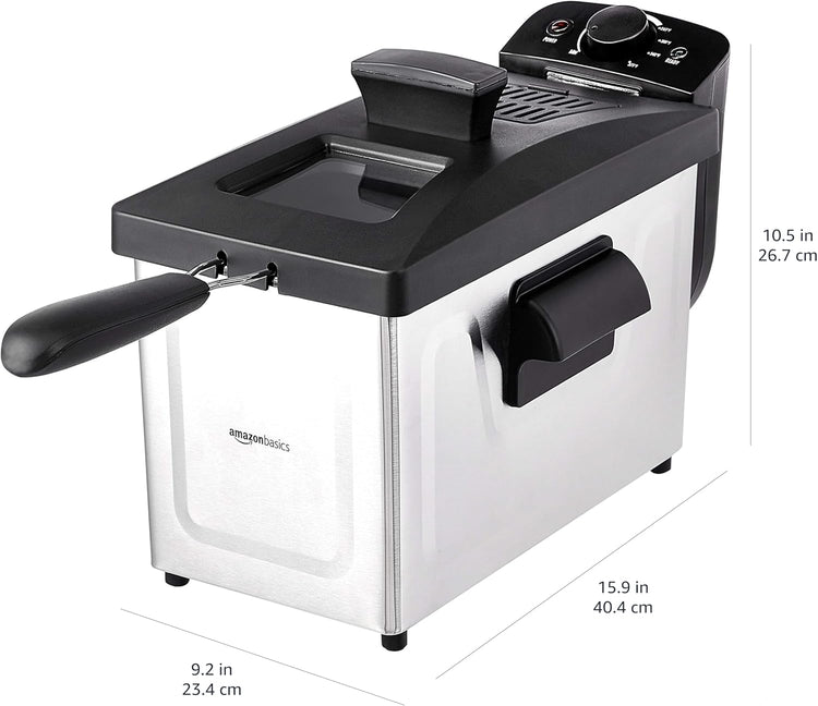 Amazon Basics 3.2-Qt (3.0L) Deep Fryer with 12-Cup Oil Capacity, Adjustable Temperature, Easy Draining Basket, Stainless Steel Exterior, Viewing Window, 1500W, Black & Silver