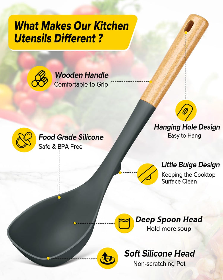 Silicone Soup Ladle and Spaghetti Spoon Set with Wooden Handle (2 Count)
