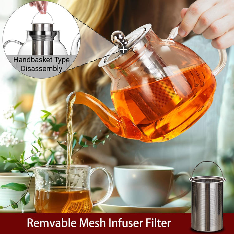 Glass Teapot with Removable Infuser - 37oz/1100ml Borosilicate Glass, Stovetop & Microwave Safe for Blooming & Loose Leaf Tea, Handmade Tea Maker Gift