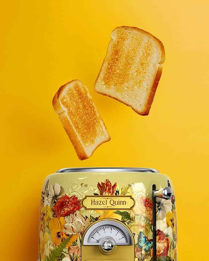 Hazel Quinn X Eduardo Recife Retro Breakfast Set, 2-Slice Toaster & Electric Kettle Bundle, 6 Browning Levels, Extra Wide Slots, 1200W Fast Boiling, 1.7L Stainless Steel - Floral Artistic Design