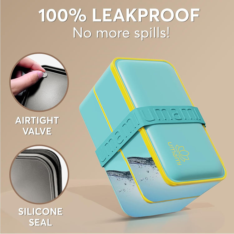 Umami Bento Box Adult All-in-1 w/ 4 Utensils, 100% Leakproof, Dishwasher & Microwave Safe Lunch Containers for Adults w/ 4 Compartments, Fresh Turquoise, 40 oz