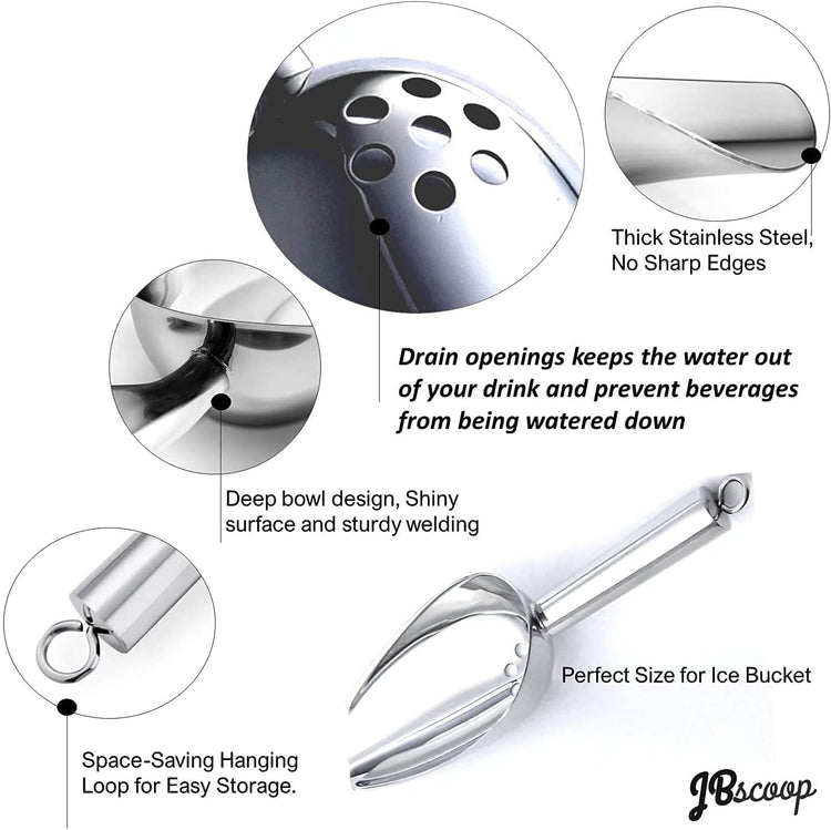 JBscoop Large Ice Scoop with Holes. Stainless Steel Ice Scoop with Drain Holes to Reduce Unwanted Dilution. Heavy Duty and Dishwasher Safe. Six Ounce Capacity.