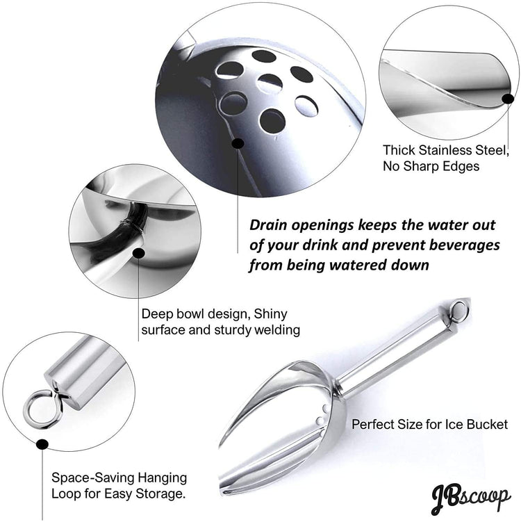 Large Ice Scoop with Holes. Stainless Steel Ice Scoop with Drain Holes to Reduce Unwanted Dilution. Heavy Duty and Dishwasher Safe. Six Ounce Capacity