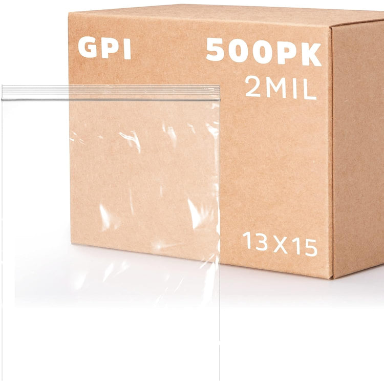 GPI PACK of 500, 2 Gallon, 13" x 15", CLEAR PLASTIC RECLOSABLE ZIP BAGS - Bulk 2 mil, Large, Strong & Durable Poly Baggies with Resealable Zip Top Lock for Travel, Storage, Packaging & Shipping.