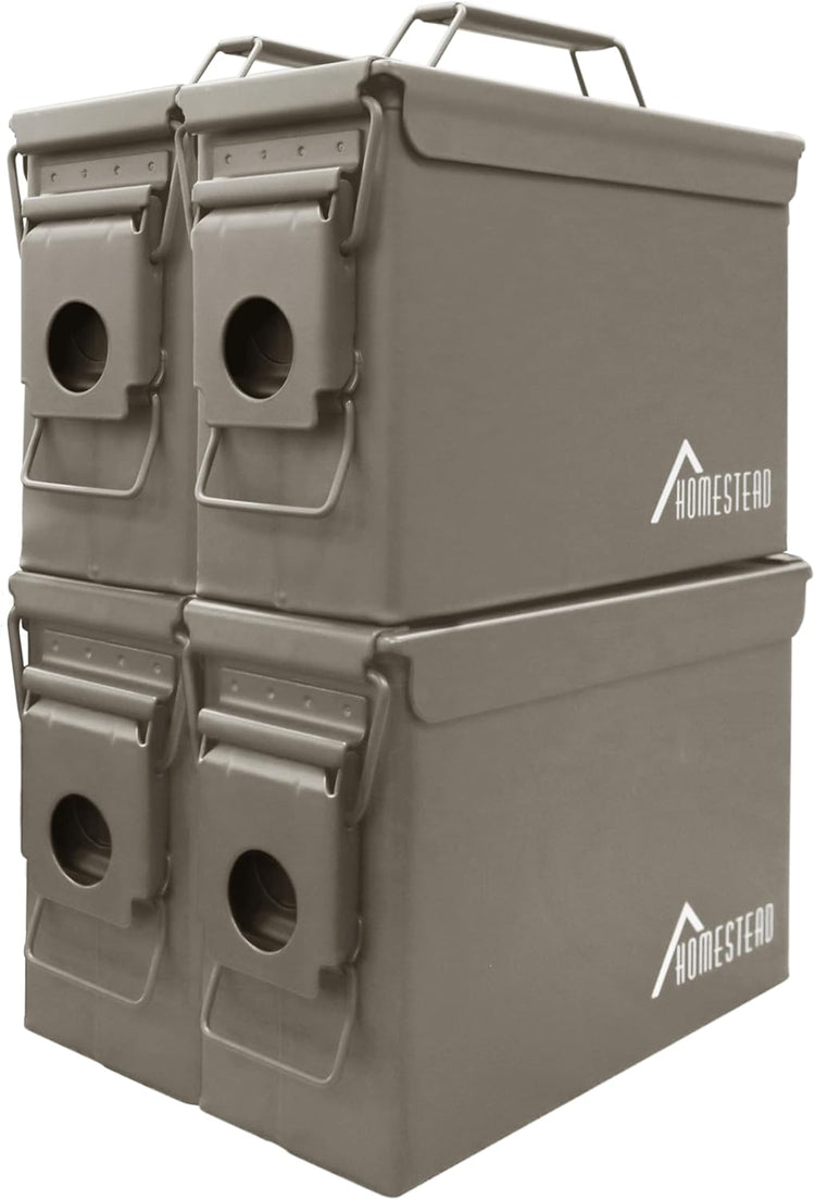 HOMESTEAD 30 Cal Metal Ammo Cans – 4 Pack M19A1 Military Steel Storage Boxes, Airtight & Water-Resistant Containers for Ammunition or Tools, Dark Brown