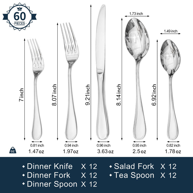 18 10 Stainless Steel Silverware Set for 12 (60 Count)
